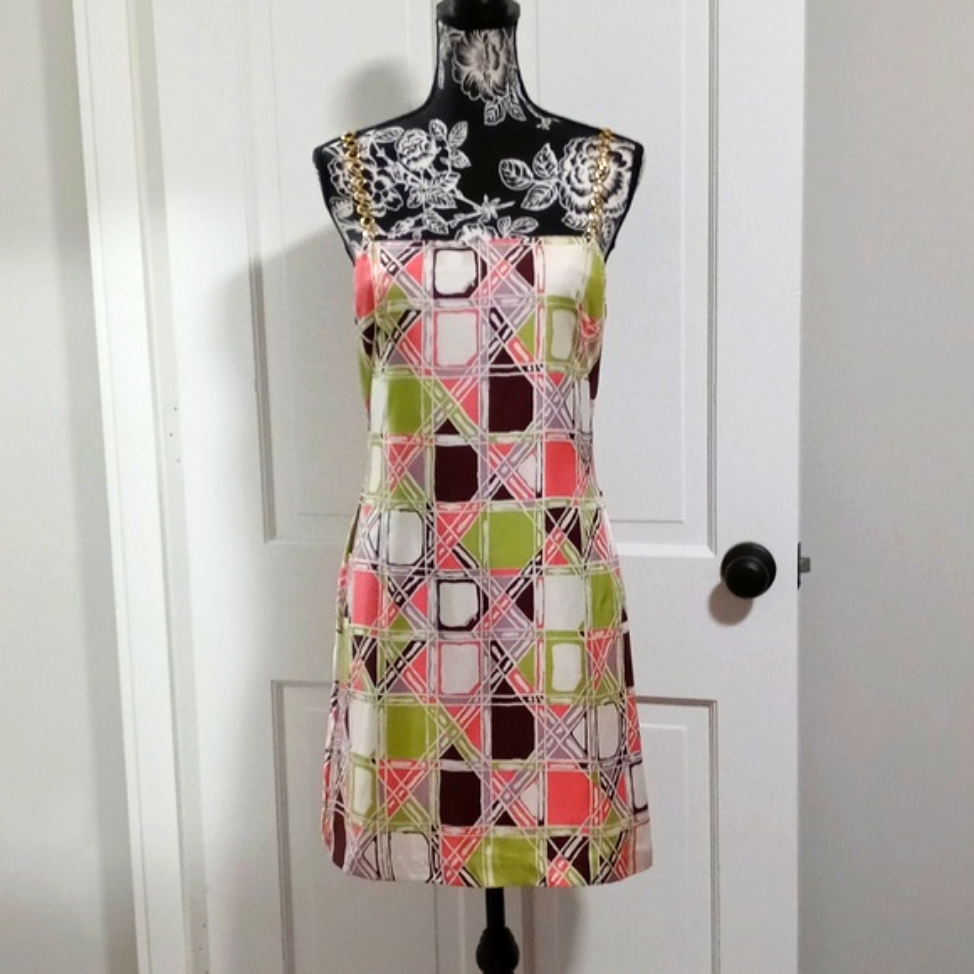 Vtg Milly - Multicolor Geometric Print Chain Straps Silk Cocktail Dress